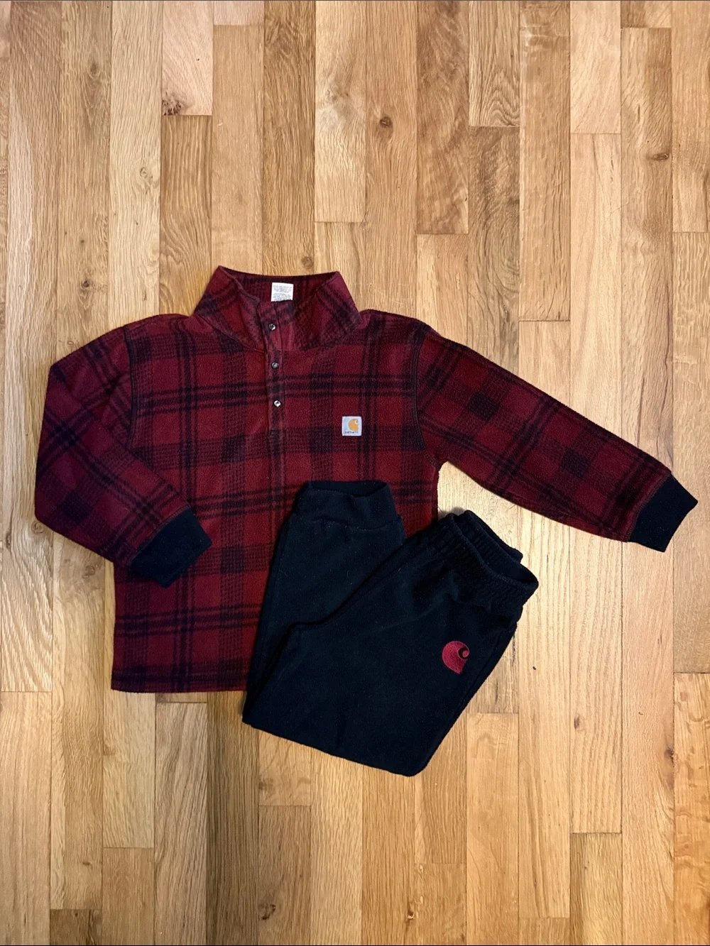 Carhartt Kids Maroon and Black Plaid Fleece Snap Pullover w/ Black Fleece Pants